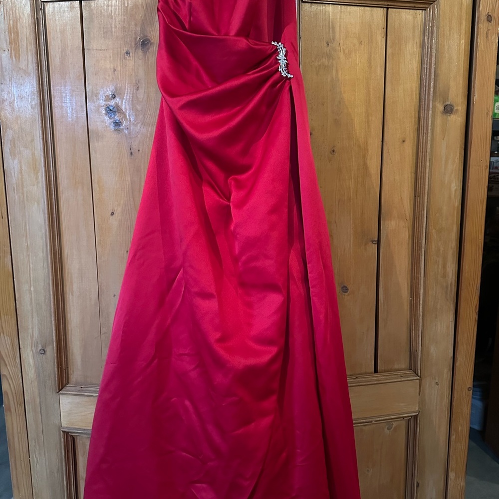 Red satin evening gown